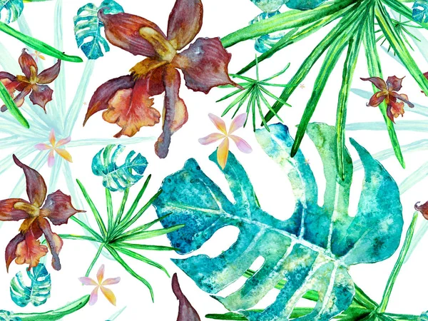 Orkideli mayo baskısı, Palm Leaves. Orkide Kusursuz Desen. Suluboya Çiçek Geçmişi. Tropik Yaz Baskısı. Kırmızı ve İndigo Egzotik Hawaii Tasarımı. Tayland Döşeme Dokusu.