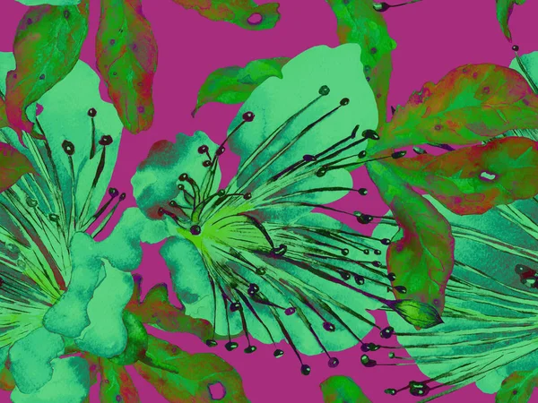 Cesur soyut çiçek deseni. Yeşil Arkaplanda Büyük Hawaii Kusursuz Parmak izi. Büyük Tropikal Bahar Kova Granadilla Sonsuz Arkaplan. Modern Kalın Soyut Çiçek Deseni.