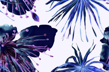 Tropikal Kusursuz Desen. Suluboya Yatay Tropik Tasarım. Palm Geometric Mayo desenli. İndigo Mavi Palmiye Yaprakları Eğlenceli Doku. Etnik Aloha İlişkisi. Egzotik Yaprak Bikini Arkaplanı. 