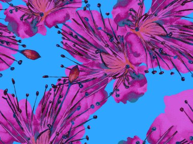 Bold Floral Print. Büyük Hawaii İşaretli Mavi, Kırmızı Arkaplan. Büyük Hawaii Yazı Maracuya Sonsuz Arkaplanı. Moda Kalın Çiçek Yazdırma.