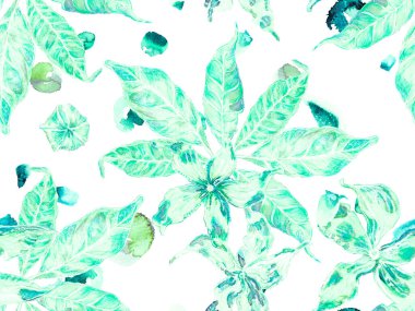 Canlı Sakura ve Jasmine Print. Biyo Jasmin Kusursuz Şablon. Çiçek Ayurveda deseni. Yeşil ve Aqua Menthe Suluboya Turuncu Çiçek ve Yapraklar. Yaz Vintage Arkaplanı.