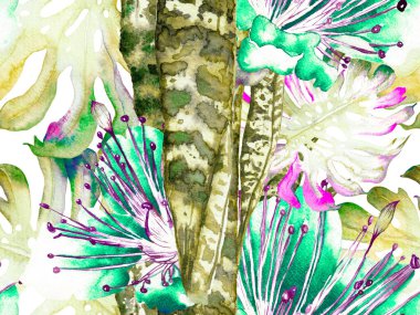 Suluboya kusursuz desen bırakır. Yeşil ve Gri Egzotik Mayo Tasarımı. Hawaii Kova Parmak izi. Yaz Çiçeği Arkaplanı. Botanik Ormanı Çizimi. Vintage Eko Uyumu. 