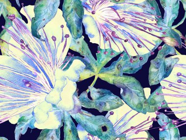 Kalın Çiçek deseni. Yeşil ve Kırmızı Arkaplanda Büyük Tropikal Kusursuz Parmak izi. Büyük Orman Baharı Sulu Boyalı Lilikoi Sonsuz Arkaplan. Kalın Çiçek Tasarımı.