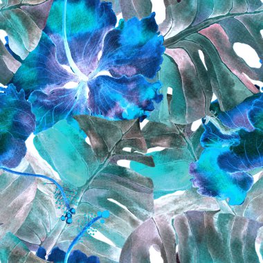 Tatil düzeni. Suluboya tropik çiçekler ve canavar yaprakları. Palm ve Hibiscus ormanları pürüzsüz. Yaz Hawaii suluboya geçmişi. Tropik palmiyeler, canavarlar, çiçek desenleri..