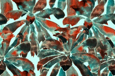 Palmiye yapraklarının eğlenceli dokusu. Yeşil ve Kırmızı Etnik Aloha İlişkisi. Egzotik Bikini Özgeçmişi. Tropikal Kusursuz Desen. Suluboya Yatay Tropik Tasarım. Palm Geometric Mayo Kalıbı.