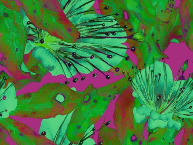 Bold Floral Print. Yeşil Arkaplanda Büyük Hawaii Kusursuz Parmak izi. Büyük Tropik Yaz Aquarelle Maracuja Sonsuz Arkaplan. Moda Kalın Çiçek Yazdırma.