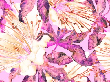 Cesur soyut çiçek deseni. Kızıl Arkaplanda Büyük Egzotik Kusursuz Parmak izi. Büyük Orman Yaz Aquarelle Tutku Meyvesi Sonsuz Arkaplan. Modern Kalın Soyut Çiçek Deseni.