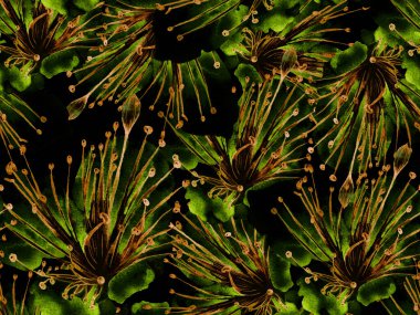 Kalın Çiçekler. Yeşil Arkaplanda Büyük Egzotik Kusursuz Parmak izi. Büyük Hawaii Yaz Aquarelle Maracuja Sonsuz Arkaplan. Soyut Kalın Çiçek Yazdırma. 