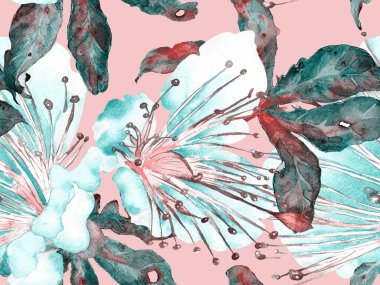 Cesur Çiçek Tasarımı. Yeşil ve Kızıl Arkaplanda Büyük Hawaii Kusursuz Parmak izi. Büyük Hawaii Yaz Aquarelle Granadilla Sonsuz Arkaplan. Sanatsal Kalın Çiçek Tasarımı.