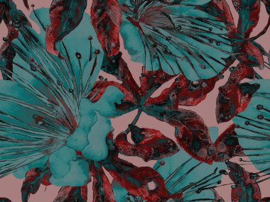 Kalın Çiçek deseni. Yeşil, Mavi Arkaplanda Büyük Hawaii Kusursuz Parmak izi. Büyük Egzotik Bahar Kova 'sı Granadilla Sonsuz Arkaplanı. Modern Kalın Çiçek Deseni.