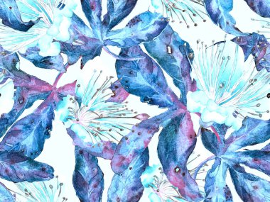 Kalın Çiçek deseni. Mavi İndigo 'da Büyük Hawaii Kusursuz Parmak izi. Büyük Hawaii Baharı Sulu Boyalı Lilikoi Sonsuz Geçmişi. Kalın Çiçek Tasarımı.