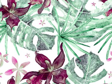 Orkide Kusursuz Desen. Egzotik Hawaii Tasarımı. Tayland döşeme dokusu. Orkideli mayo baskısı, Palm Leaves. Kırmızı ve Gri Suluboya Çiçek Arkaplanı. Tropik Yaz Yazı Yazdırma.