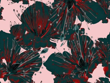 Kalın Çiçekler. Mavi ve Kırmızı Arkaplanda Büyük Tropikal Kusursuz Parmak izi. Büyük Hawaii Baharı Sulu Boyalı Lilikoi Sonsuz Geçmişi. Soyut Kalın Çiçek Yazdırma. 