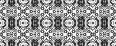 Eğlenceli Simetrik Sınır Uyumu. Geometrik Etnik Kusursuz Desensiz Ikat Yatay Doku. Suluboya El Çizilmiş Batik. Psikedelik Halk Arkaplanı. Allover Etnik Mayo Tasarımı Gri Pul