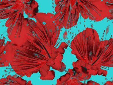 Çiçek desenli moda. Yeşil ve Kızıl Arkaplanda Büyük Tropikal Kusursuz Parmak izi. Büyük Hawaii Yaz Sulu Granadilla Sonsuz Arkaplan. Rastgele Çiçek Deseni.