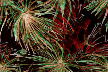 Suluboya Yatay Tropik Tasarım. Palm Geometric Mayo desenli. Tropikal Kusursuz Desen. Yeşil ve Kırmızı Etnik Aloha İlişkisi. Egzotik Bikini Özgeçmişi. Palmiye Yaprakları Eğlenceli Doku.