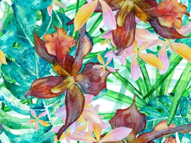 Kırmızı ve İndigo Egzotik Hawaii Tasarımı. Tayland döşeme dokusu. Orkideli mayo baskısı, Palm Leaves. Orkide Kusursuz Desen. Suluboya Çiçek Geçmişi. Tropik Yaz Yazı Yazdırma.