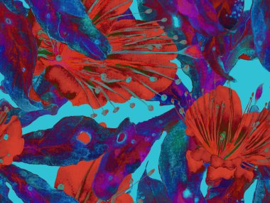 Kalın Çiçek deseni. Yeşil ve Kızıl Arkaplanda Büyük Hawaii Kusursuz Parmak izi. Büyük Hawaii Spring Aquarelle Granadilla Sonsuz Arkaplan. Modern Kalın Çiçek Deseni.