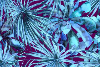 Tropikal Kusursuz Desen. Palmiye yapraklarının eğlenceli dokusu. Suluboya Yatay Tropik Tasarım. Palm Geometric Mayo desenli. Indigo Mavi Etnik Aloha İlişkisi. Egzotik Yaprak Bikini Arkaplanı. 