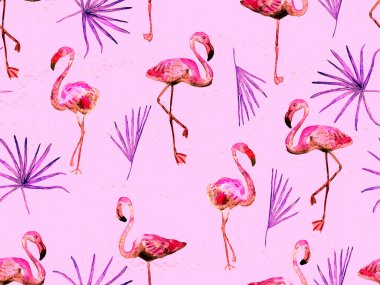 Büyük flamingo hippi kızıl Hawaii 'nin kusursuz deseni. Yaz tropikal kuşları sonsuz baskıyı suluboya. Doymuş hippi mayo, tüylü kuşları olan fayanslar. Flamingolu yatay fayans.