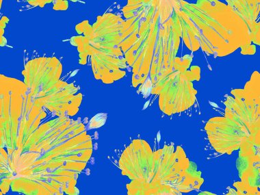Çiçek desenli moda. Büyük Tropikal Kusursuz Mavi Parmak İzi, Indigo Arkaplan. Büyük Hawaii Yaz Suluboya Granadilla Sonsuz Arkaplan. Rastgele Çiçek Deseni.