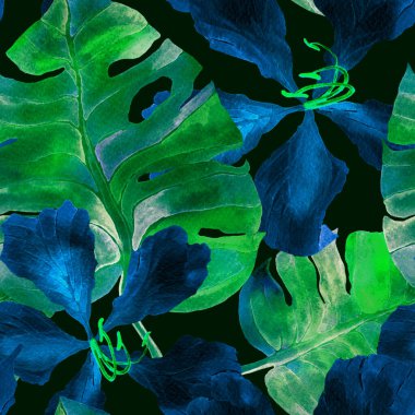 Yeşil Turkuaz Egzotik desen. Suluboya tropik yapraklar. Palm ve Hibiscus ormanları pürüzsüz. Bahar Hawaii suluboya geçmişi. Avuç içleri, canavarlar, mayo izleri..