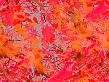 Sıvı, pürüzsüz desen. Kırmızı suluboya fırça darbesi grunge tasarımı. Suluboya soyut sıçrama boyası tasarımı. Kademeli mürekkep lekeleri. Çamur tabakası. Sıvı damlayan fırça sonsuz iz.