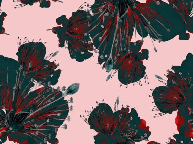 Çiçek desenli moda. Büyük Tropikal Kusursuz Mavi Parmak İzi, Kırmızı Arkaplan. Büyük Tropik Bahar Suluboya Tutku Meyvesi Sonsuz Arkaplan. Rastgele Çiçek Deseni.