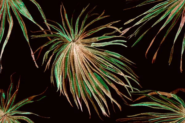 Tropikal Kusursuz Desen. Palmiye yapraklarının eğlenceli dokusu. Etnik Aloha İlişkisi. Egzotik Bikini Özgeçmişi. Yeşil ve Kırmızı Suluboya Yatay Tropik Tasarım. Palm Geometric Mayo Kalıbı.