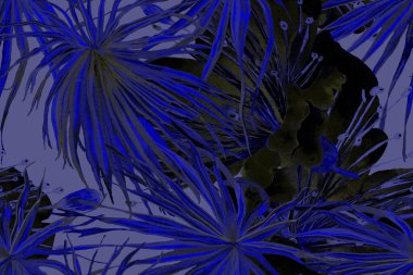 Etnik Aloha İlişkisi. Egzotik Bikini Özgeçmişi. Suluboya Yatay Tropik Tasarım. Palm Geometric Mayo desenli. Palmiye yapraklarının eğlenceli dokusu. Çivit mavisi tropikal desensiz.