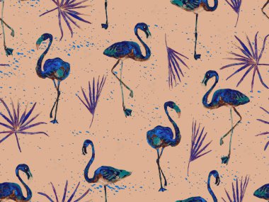 Büyük flamingo hippi sarı Hawaii 'li kusursuz desen. İlkbahar suluboya tişört baskısı. Yaban kuşlarıyla minimalist geometrik mayo arka planı. Flamingolu yatay fayans.