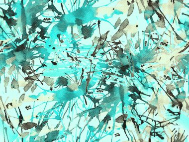 Sıvı, pürüzsüz desen. Mavi suluboya fırça darbesi grunge fayans. Suluboya soyut sıçrama boyası tasarımı. Elle çizilmiş mürekkep lekeleri. Toprak sıçrama deseni. Sıvı damlayan fırça sonsuz iz.