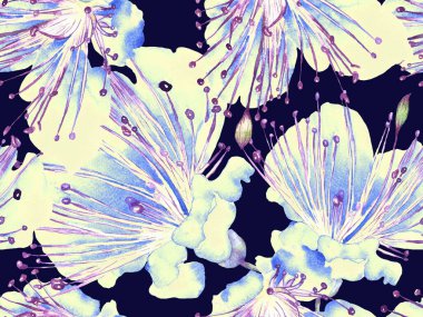 Cesur soyut çiçek deseni. Yeşil ve Kızıl Arkaplanda Büyük Hawaii Kusursuz Parmak izi. Büyük Orman Bahar Aquarelle Tutku Meyvesi Sonsuz Arkaplan. Modern Kalın Soyut Çiçek Deseni.