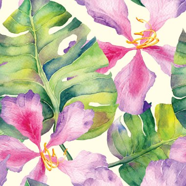 Yeşil Kırmızı Egzotik desen. Suluboya tropik yapraklar. Palm ve Hibiscus bitkileri kusursuz desende. Yaz Hawaii suluboya geçmişi. Tropik palmiyeler, canavarlar, çiçek desenleri..