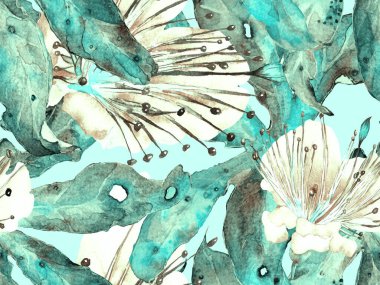 Cesur soyut çiçek deseni. Blue 'da Büyük Ormansız Parmak İzi, Indigo Arkaplan. Büyük Hawaii Yaz Aquarelle Maracuya Sonsuz Geçmişi. Modern Kalın Soyut Çiçek Deseni.