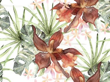 Yeşil ve Kırmızı Egzotik Hawaii Tasarımı. Tayland döşeme dokusu. Orkide Kusursuz Desen. Orkideli mayo baskısı, Palm Leaves. Suluboya Çiçek Geçmişi. Tropik Yaz Yazı Yazdırma.