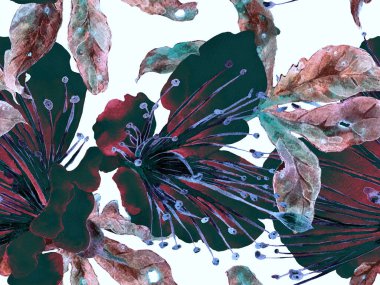 Kalın Çiçek deseni. Yeşil ve Kırmızı Arkaplanda Geniş Orman Kusursuz Parmak izi. Büyük Egzotik Yaz Aquarelle Maracuja Sonsuz Arkaplan. Kalın Çiçek Tasarımı.