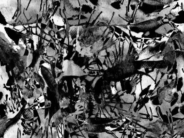 Püskürme izi yok. Siyah ve beyaz suluboya fırça darbesi grunge fayans. Suluboya boya boya tasarımı. Kademeli mürekkep lekeleri. Toprak sıçrama deseni. Sıvı damlayan fırça sonsuz iz.