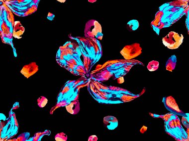 Klasik Mavi ve Lush Lav Kırmızı Yaz Vintage Arkaplanı. Çiçek Ayurveda deseni. Canlı Sakura ve Jasmine Print. Suluboya Turuncu Çiçek ve Yapraklar. Biyo Jasmin Kusursuz Desen.