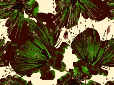 Çiçek desenli moda. Yeşil Arkaplanda Büyük Hawaii Kusursuz Parmak izi. Büyük Orman Yaz Aquarelle Tutku Meyvesi Sonsuz Arkaplan. Rastgele Çiçek Deseni.