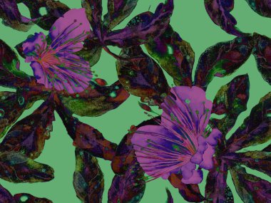 Çiçek desenli moda. Yeşil Arkaplanda Büyük Tropikal Kusursuz Parmak izi. Büyük Orman Bahar Aquarelle Granadilla Sonsuz Arkaplan. Rastgele Çiçek Deseni.