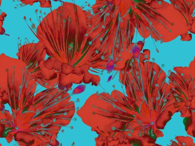 Bold Floral Print. Büyük Orman İşaretsiz Mavi, Kırmızı Arkaplan. Büyük Orman Bahar Suluboya Tutku meyvesi Sonsuz Arkaplan. Moda Kalın Çiçek Yazdırma.