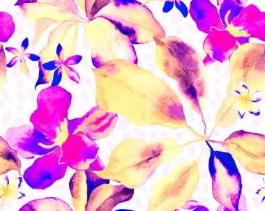 Schefflera Arboricola Kusursuz Düzen. Mavi ve Kırmızı Evergreen, egzotik çiçekli Walisongo Bitkisi. Schefflera Aktinophylla Hayata Tekrarlanan Süs Botanik Suluboya Yazısı.