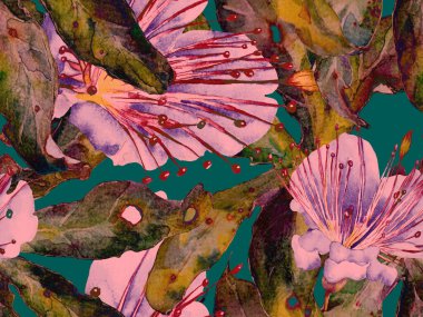 Kalın Çiçekler. Yeşil ve Kırmızı Arkaplanda Büyük Egzotik Kusursuz Parmak izi. Büyük Hawaii Baharı Maracuja Sonsuz Arkaplanı. Soyut Kalın Çiçek Yazdırma. 