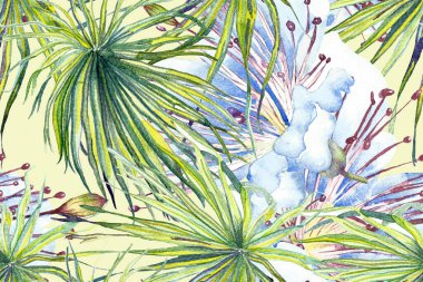 Tropikal Kusursuz Desen. Palmiye yapraklarının eğlenceli dokusu. Etnik Aloha İlişkisi. Egzotik Bikini Özgeçmişi. Suluboya Yatay Tropik Tasarım. Palm Geometric Mayo desenli. Turkuaz Yeşil