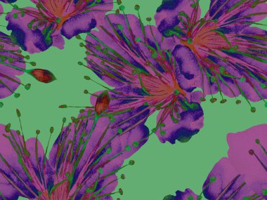 Çiçek desenli moda. Yeşil ve Kızıl Arkaplanda Büyük Egzotik Kusursuz Parmak izi. Büyük Hawaii Yaz Aquarelle Maracuja Sonsuz Arkaplanı. Rastgele Çiçek Deseni.