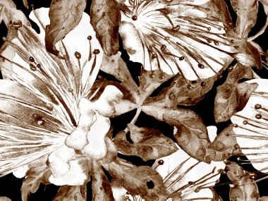 Kalın Çiçek deseni. Kahverengi Arkaplan 'da Büyük Egzotik Kusursuz Parmak izi. Büyük Hawaii Yaz Sulu Boyalı Lilikoi Sonsuz Geçmişi. Modern Kalın Çiçek Deseni.