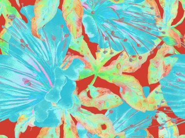 Cesur soyut çiçek deseni. Yeşil ve Kızıl Arkaplanda Büyük Hawaii Kusursuz Parmak izi. Büyük Hawaii Bahar Kova Aquarelle Granadilla Sonsuz Arkaplan. Modern Kalın Soyut Çiçek Deseni.