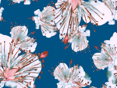 Bold Floral Print. Blue 'da Büyük Ormansız Parmak İzi, Indigo Arkaplan. Büyük Hawaii Yaz Sulu Granadilla Sonsuz Arkaplan. Moda Kalın Çiçek Yazdırma.