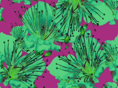 Cesur soyut çiçek deseni. Yeşil ve Kırmızı Arkaplanda Büyük Egzotik Kusursuz Parmak izi. Büyük Orman Bahar Suluboya Tutku Meyvesi Sonsuz Arkaplan. Modern Kalın Soyut Çiçek Deseni.